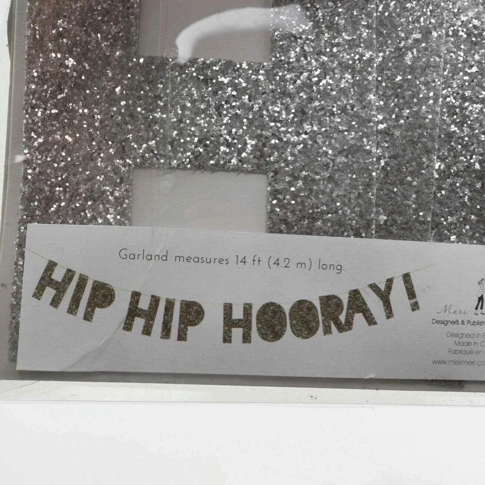 Meri Meri Hip Hip Hooray Glitter Banner Garland 14 ft Silver Birthday Party